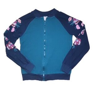 WONDER NATION Teal and Blue Zip-Up Sweater with Flowers on Sleeves